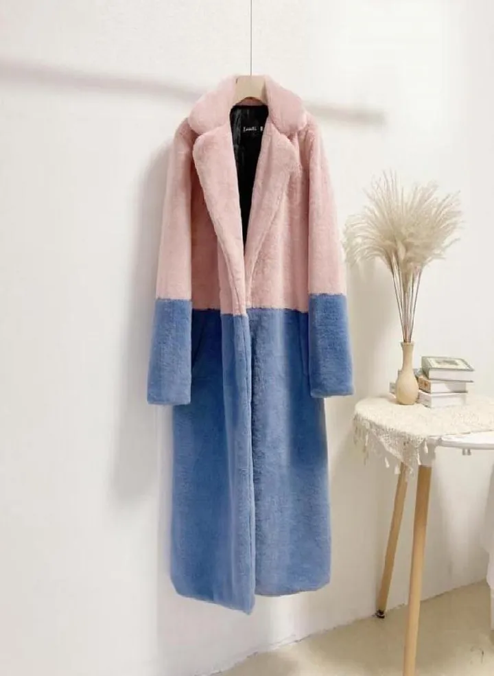 Women Contrast Color Mink Faux Fur Coat Turn Down Collar Winter Fur Lady Long Coat