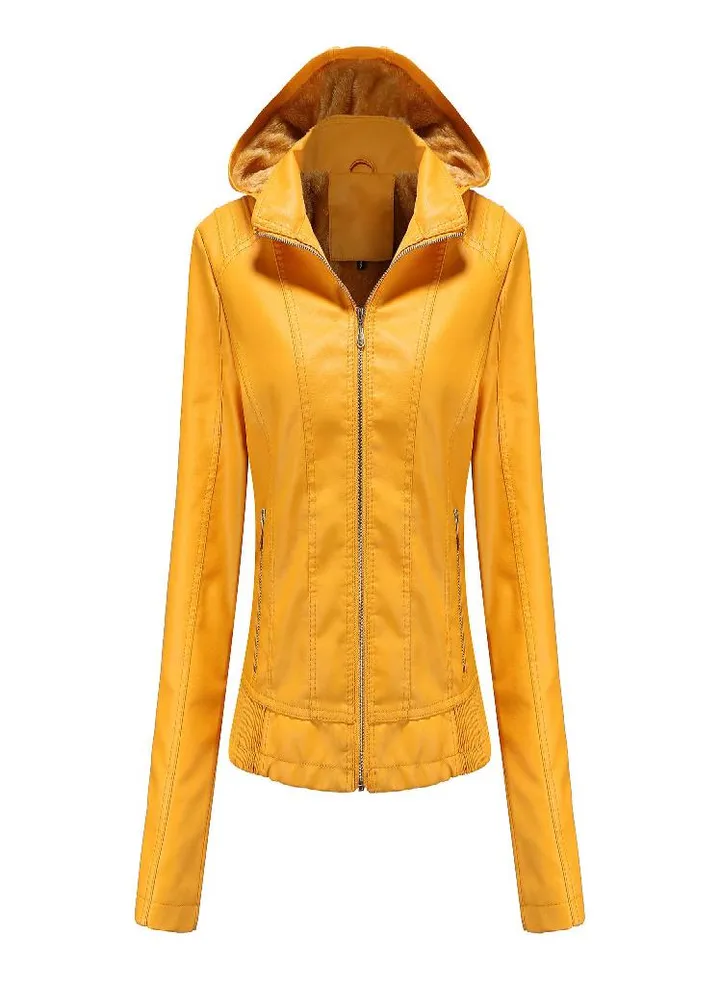 Hooded Leather Jacket Women 'S Zipper Long Sleeve Fleece Leather Jacket European Size Slim Coat