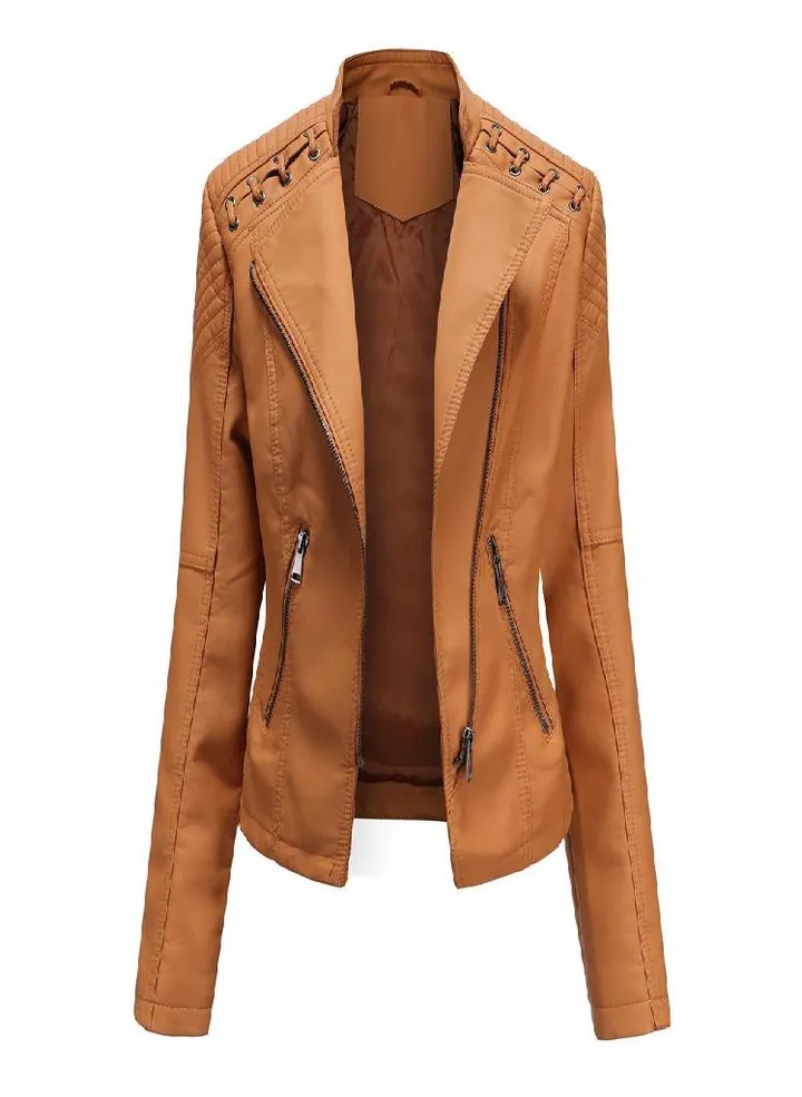 Women's Autumn and Winter Faux Leather Jacket Women's Short Jacket Lapel Slim Thin Leather Coat Women's Motorcycle Suit