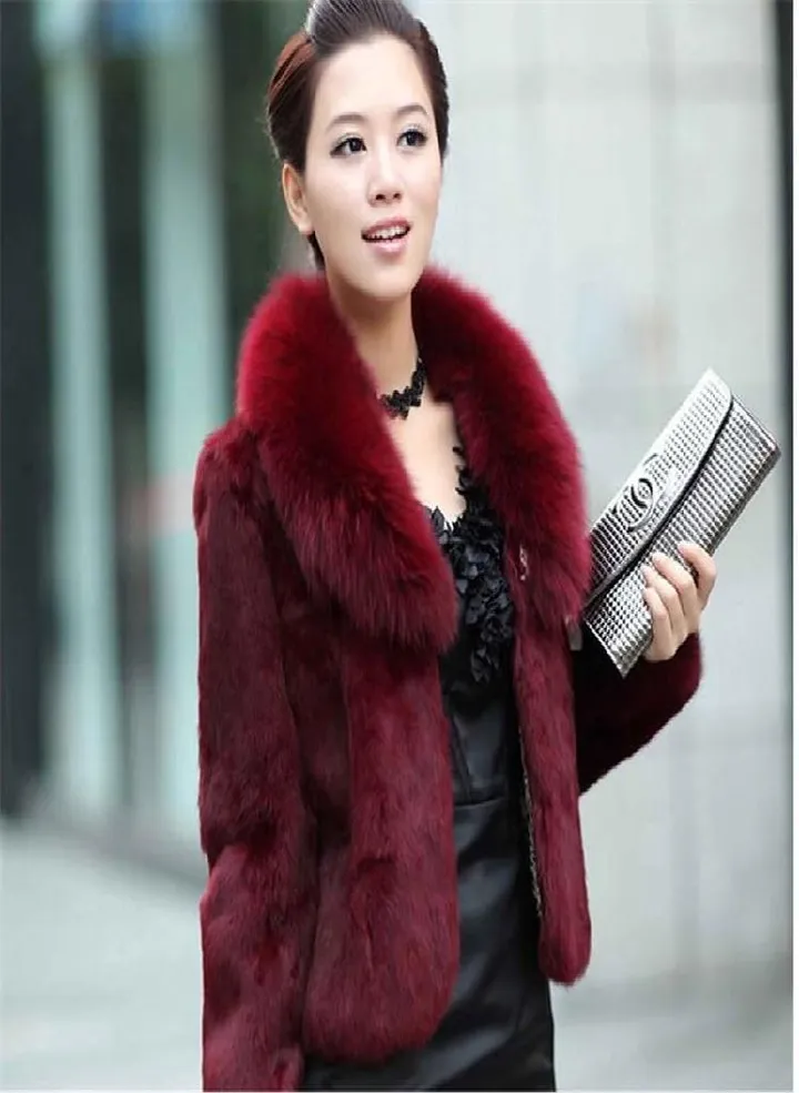 Faux Rabbit Hair Coat Women's Warm Outerwear Autumn Winter Short Faux Fox Fur Collar Coat Jacket Plus Size Overcoat