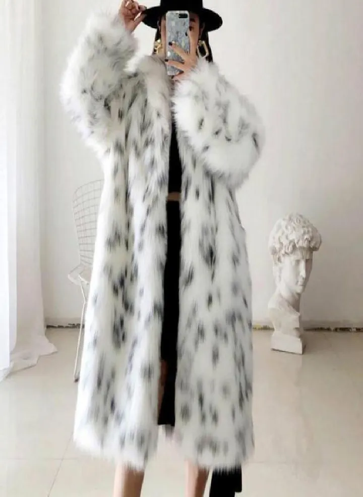 Women Winter New Faux Fox Fur Coat Lady Casual Snow Leopard Print Fur Jacket Female Thick Warm Mid-long Plush Outerwear