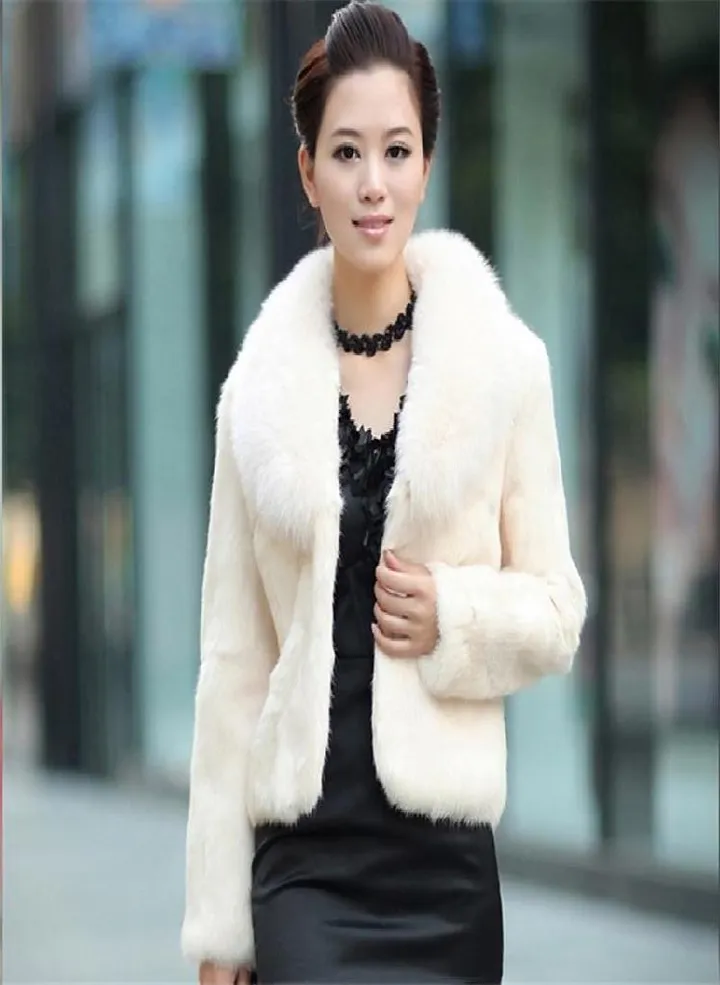 Faux Rabbit Hair Coat Women's Warm Outerwear Autumn Winter Short Faux Fox Fur Collar Coat Jacket Plus Size Overcoat