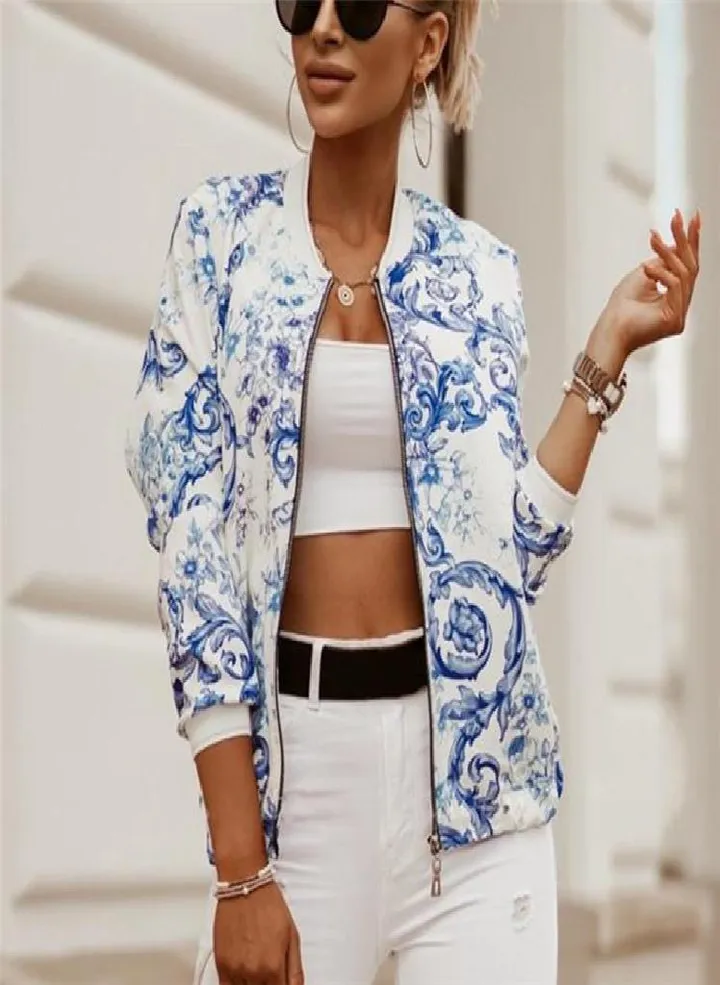 Fashion Women's Printed Long Sleeve Bomber Jacket Retro Zip Top Slim Basic Ladies Jacket