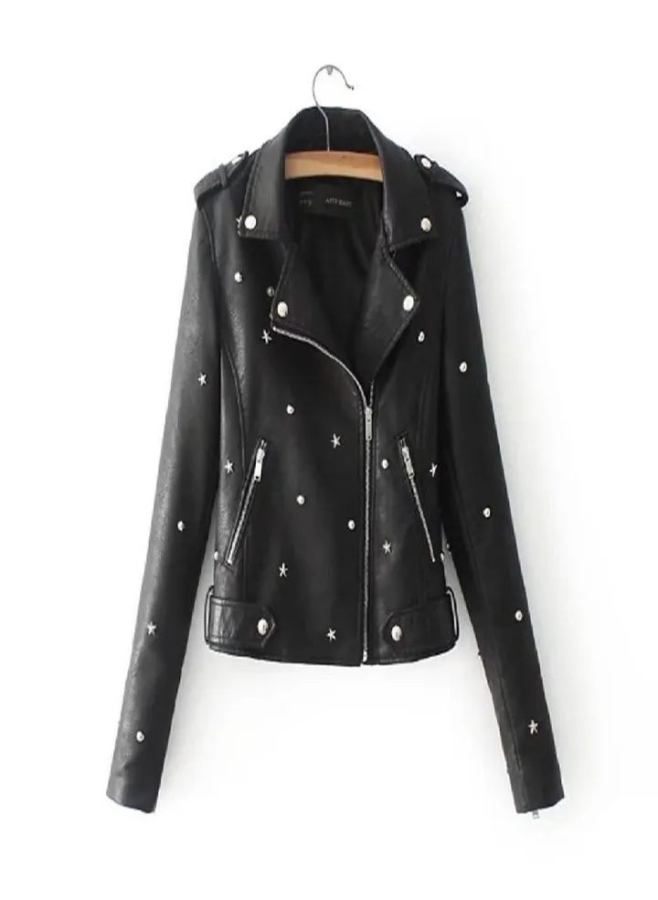 Womens Casual Solid Color Lapel Zipper Long Sleeve Leather Jacket Coat