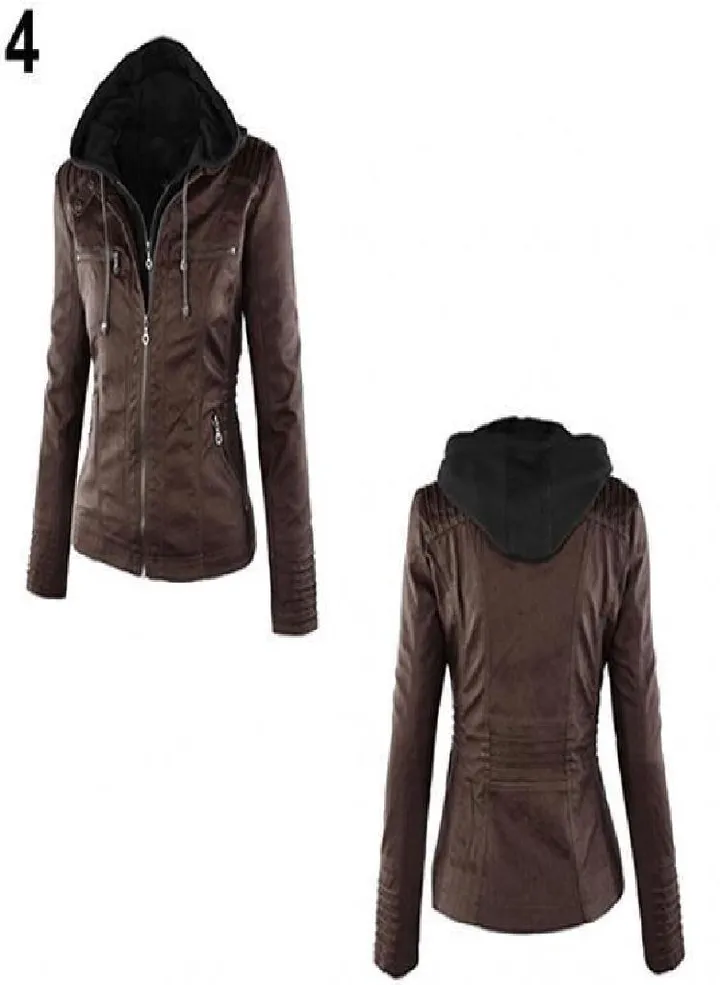 Lady Faux Leather Long Sleeve Solid Color Zipper Removable Hooded Jacket Outwear