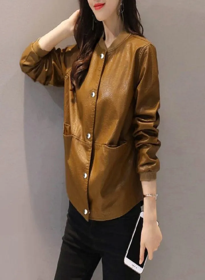 Korea Plus Size XXXL PU Leather Jackets Women Long Sleeve Baseball Jacket Female Solid Single Breasted Casual Faux Leather Coats