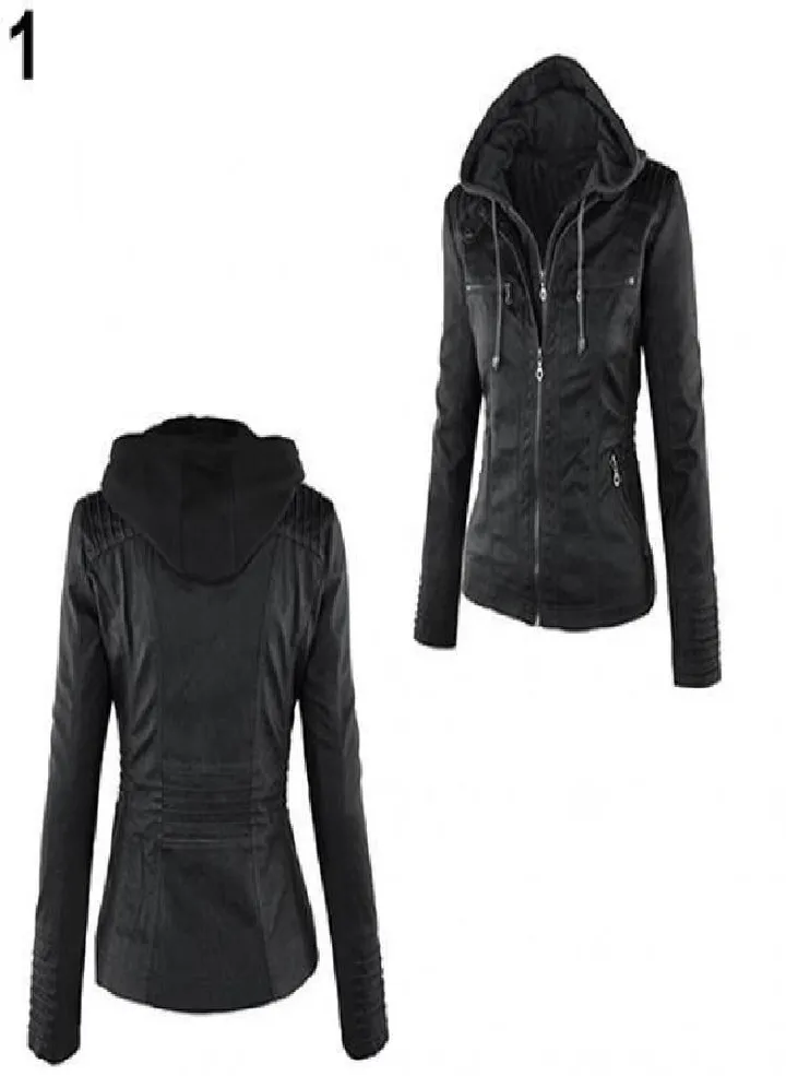 Lady Faux Leather Long Sleeve Solid Color Zipper Removable Hooded Jacket Outwear