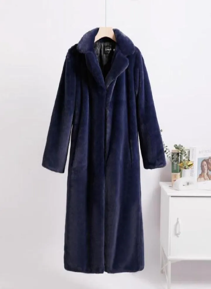 Women Contrast Color Mink Faux Fur Coat Turn Down Collar Winter Fur Lady Long Coat