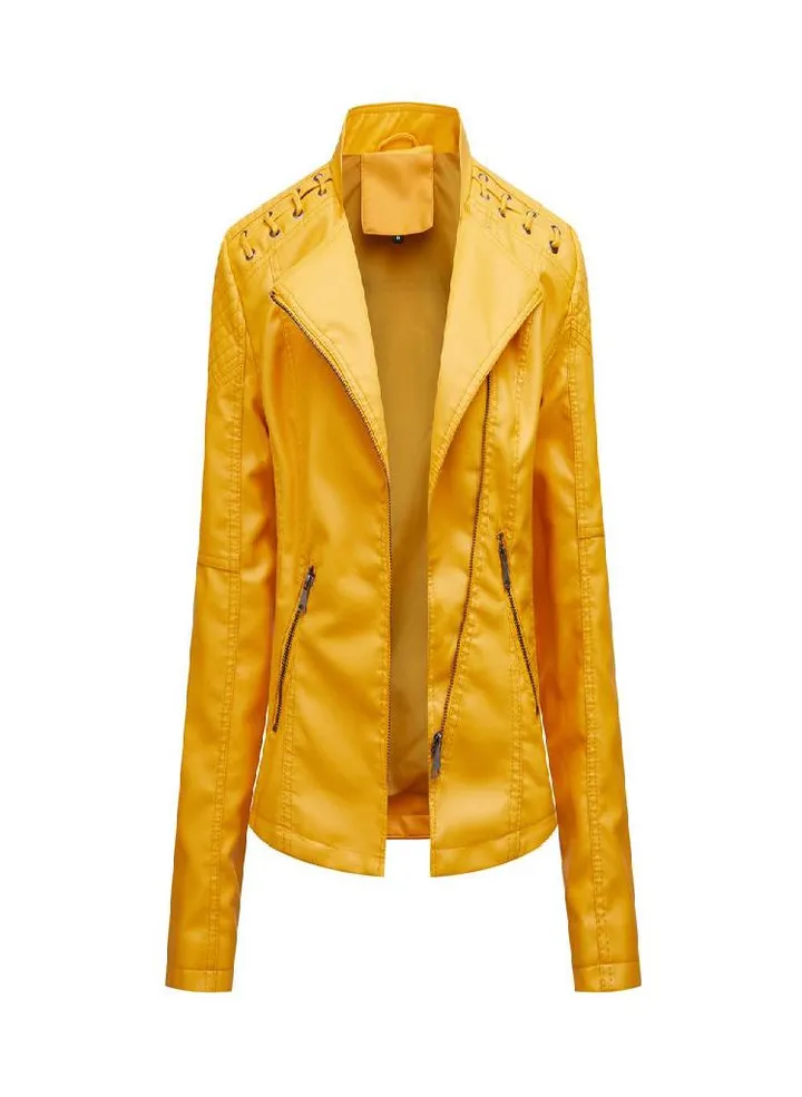 Women's Autumn and Winter Faux Leather Jacket Women's Short Jacket Lapel Slim Thin Leather Coat Women's Motorcycle Suit