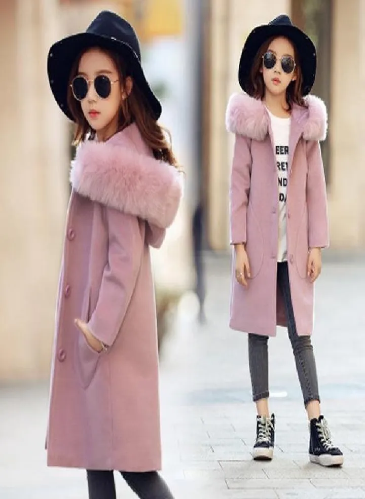 Autumn Winter Girls Fashion Thickening Large Fur Collar Wool Coat Long Jacket Tops Pink Wool Coat Kids Clothes