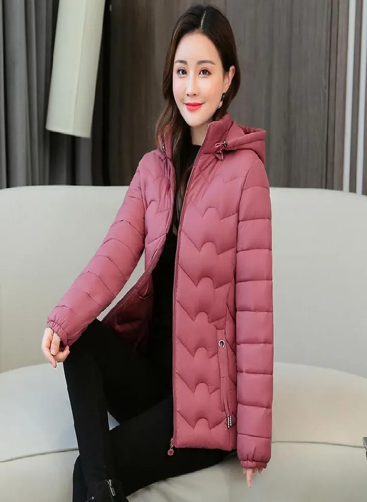 Middle Aged Women Winter Warm Lightweight Cotton Coat Plus Size Short Hooded Jacket Outwear