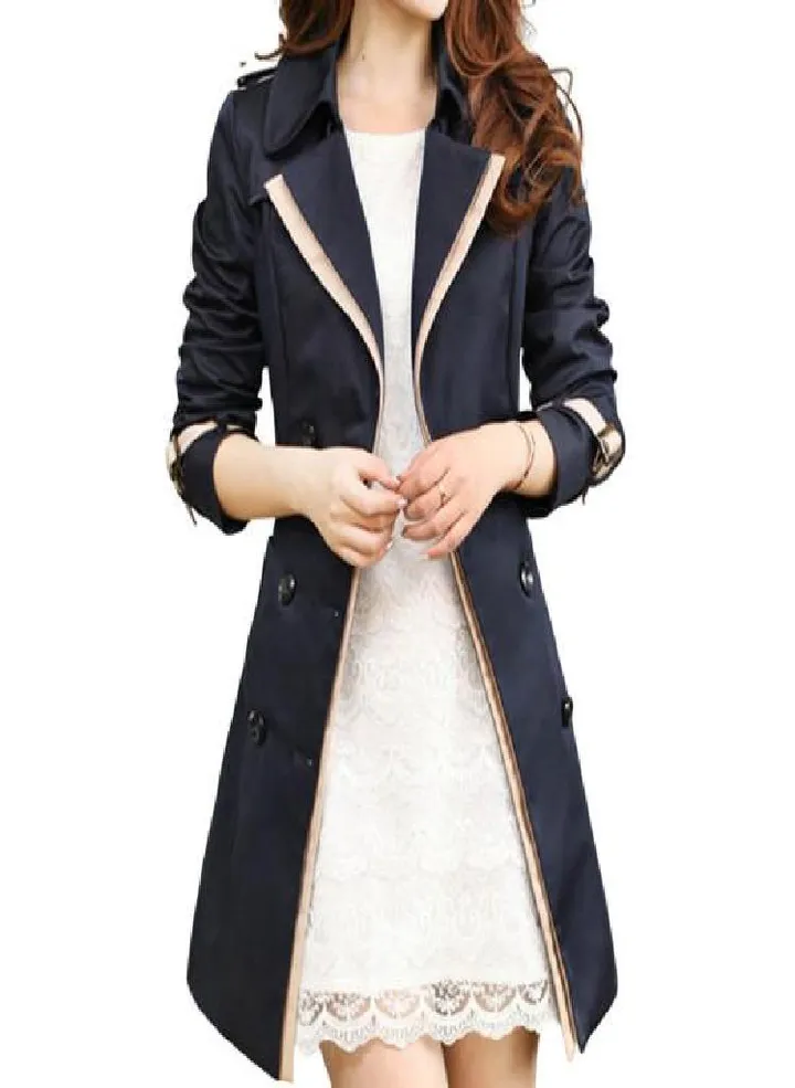 Women Trench Coat OL Commuter Style Double Breasted Color Matching Windbreaker Autumn Winter Long Overcoat Streetwear