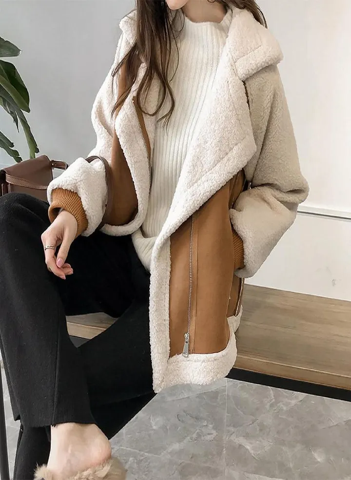 Women's Casual Comfortable Short Lambswool Biker Jacket