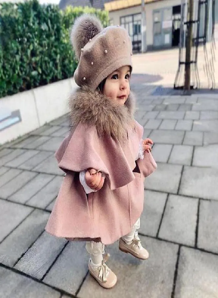 Baby Girls Thick Warm Cape Coat Fur Collar Kids Winter Long Overcoat Teenage Children Outerwear