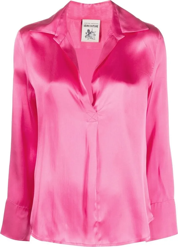 Satin Long-Sleeve Polo Top