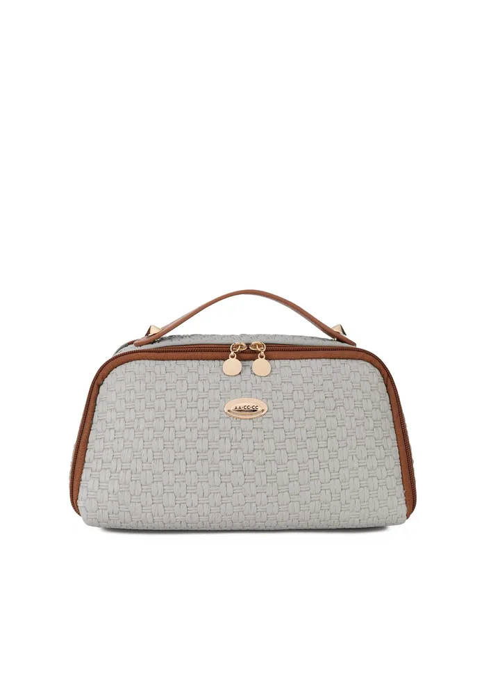 Makeup Bag Organizer, PU Leather Toiletry Bag for Women, Cosmetic Bags for Women with Portable Handle Open Flat Toiletry Bag Grass Weaving Pattern PU Leather Grey, Travel Cosmetic Organizer Bag
