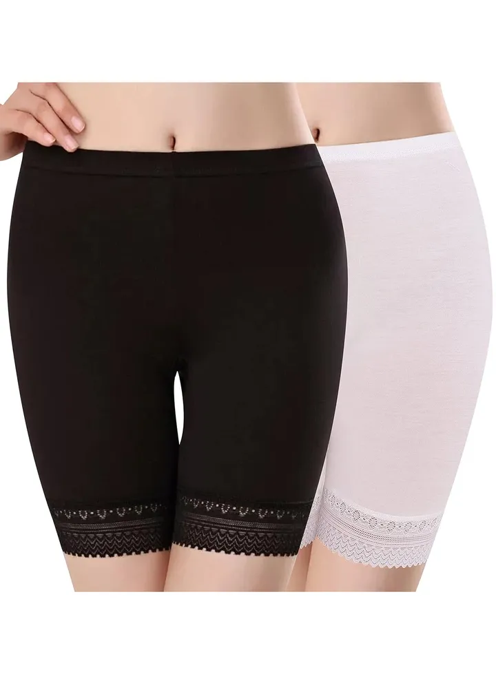 Women's/Girl's Cotton Lycra Stretchable Lace Cycling Shorts/Under Skirt Shorts Safety Shorts, Black/White