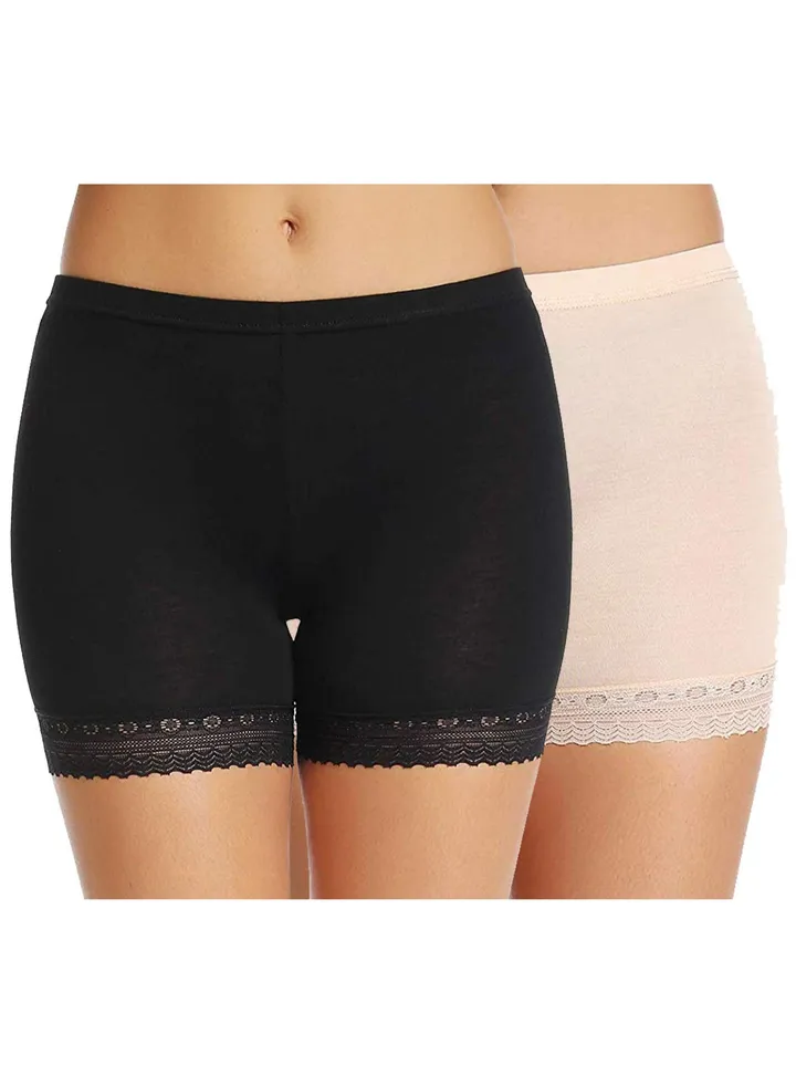 Women's/Girl's Cotton Lycra Shorts with Lace Trim Cycling Shorts/Safety Shorts/Under Skirt Shorts/Night Shorts, Black/Beige (Pack Of 2)