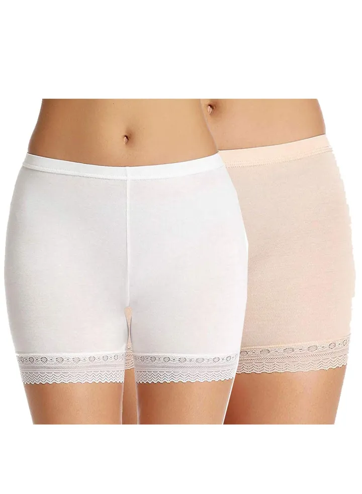 Women's/Girl's Cotton Lycra Shorts with Lace Trim Cycling Shorts/Safety Shorts/Under Skirt Shorts/Night Shorts, White/Beige (Pack Of 2)