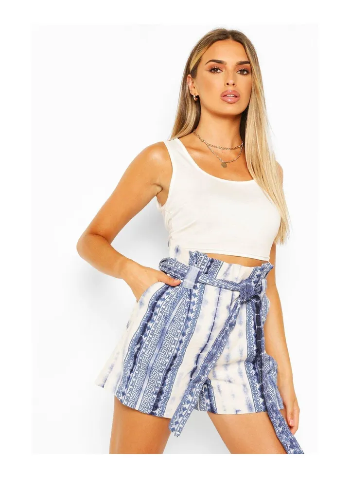 Tie Dye Print Cotton Twill Belted Shorts