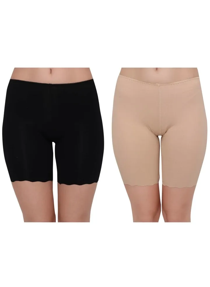 Women's Cotton Seamless Cycling Shorts/Under Skirt Shorts, (Pack Of 2), Black/Beige