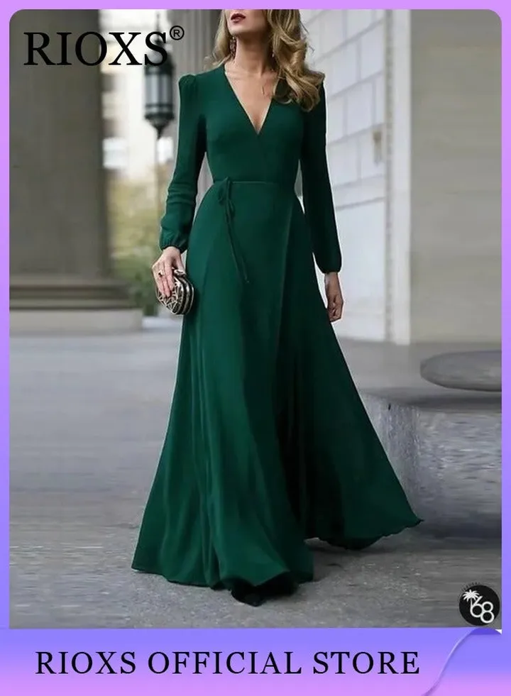 Women's Elegant V Neck Long Dress Long Sleeve Party Wedding Maxi Dress For Special Occasions