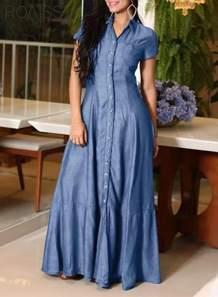 Women's Casual Denim Shirt Dress Loose Fit Button Closure Denim Dress With Pockets On Both Sides Lightweight Long Dress