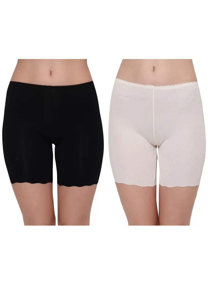 Women's Cotton Seamless Cycling Shorts/Under Skirt Shorts, (Pack Of 2), Black/White