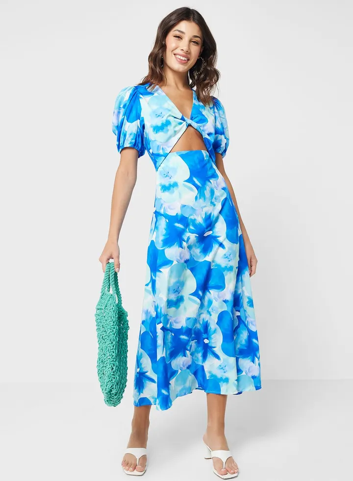 Puff Sleeves Floral Midi Dress