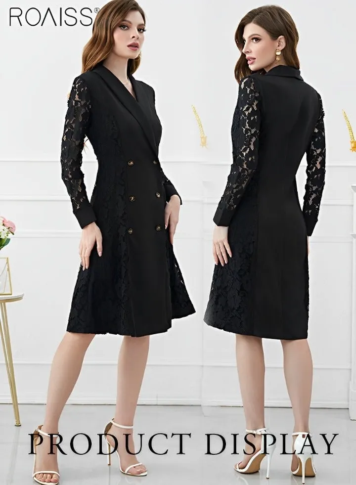 Women's Fashion Lace Patchwork Suit Dress Versatile Double Breasted Waistband Design A-Line Dress Elegant Formal Occasion Professional Dress