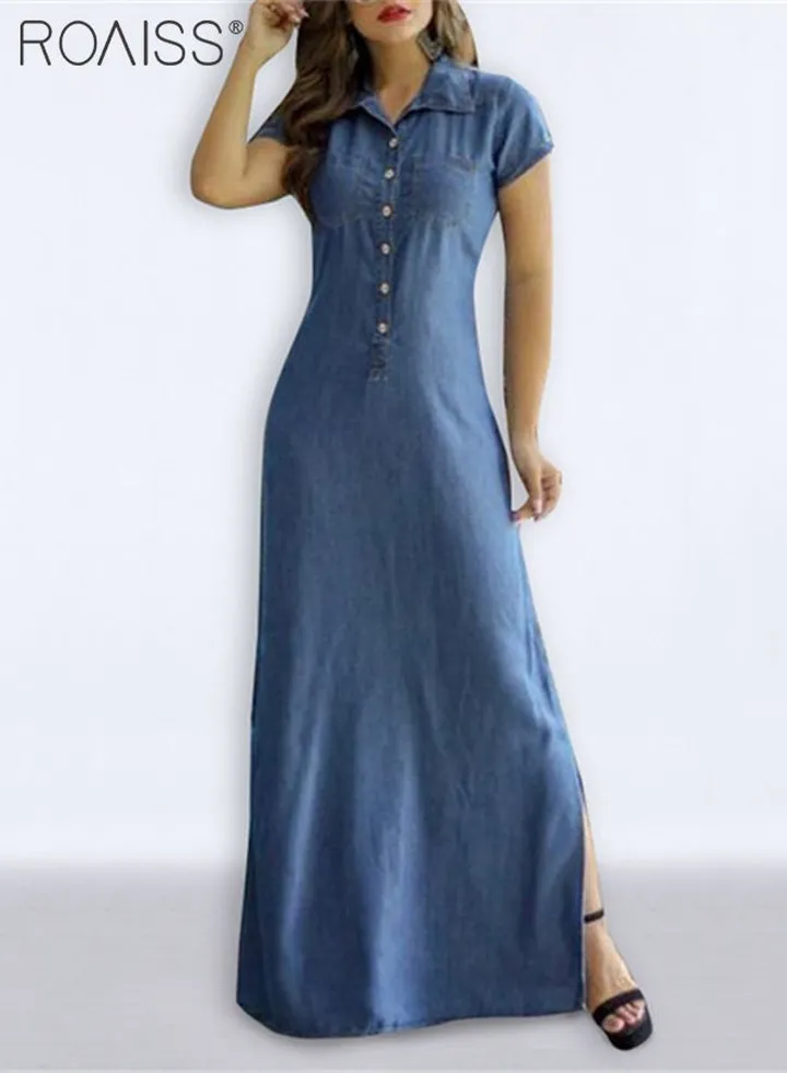 Women's Casual Denim Shirt Dress Loose Fit Button Closure Denim Dress With Pockets On Both Sides Lightweight Long Dress