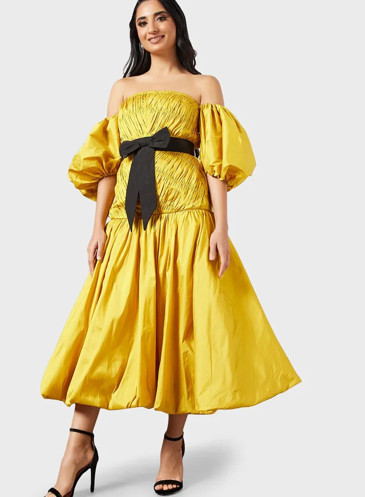 Balloon Sleeve Ruched Tiered Dress