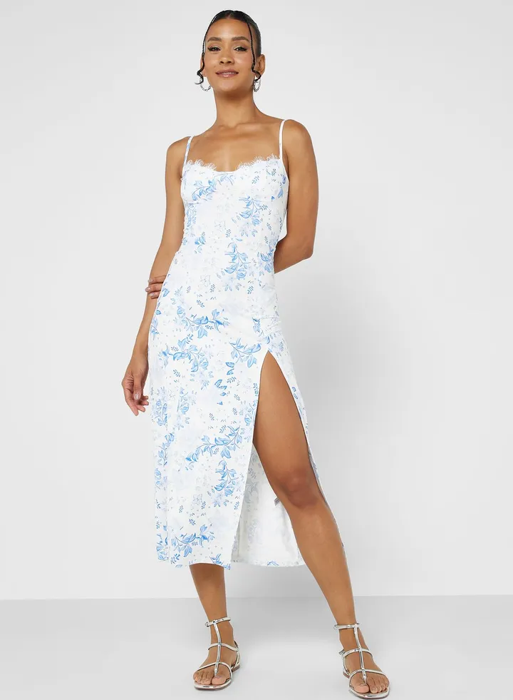 Floral Lace Detail Side Slit Dress