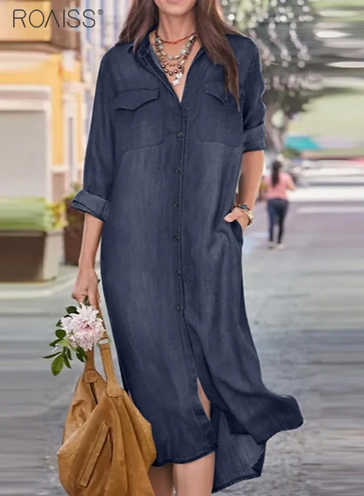 Women's Casual Denim Shirt Dress Loose Fit Button Closure Denim Dress With Pockets On Both Sides Lightweight Long Dress
