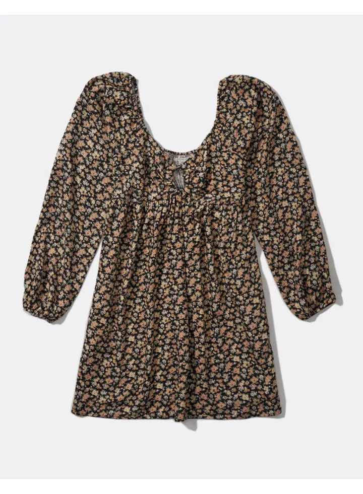 AE Floral Long-Sleeve Ring-Front Mini Dress