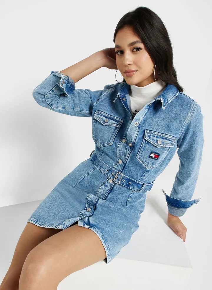 Belted Pocket Detail Denim Dress