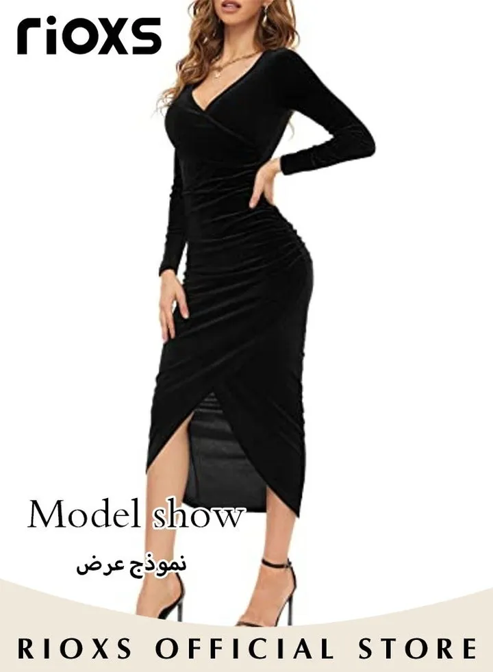 Women's Elegant V Neck Slim Fit Long Sleeve Dress Party Wedding Midi Dress For Special Occasions
