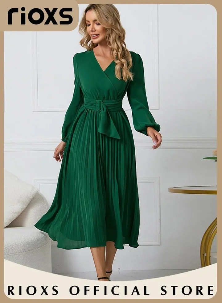 Women Casual Long Sleeve V Neck Fall Dress Bohemian Relaxed Fit Flowy Maxi Dresses Tiered Cocktail Dress