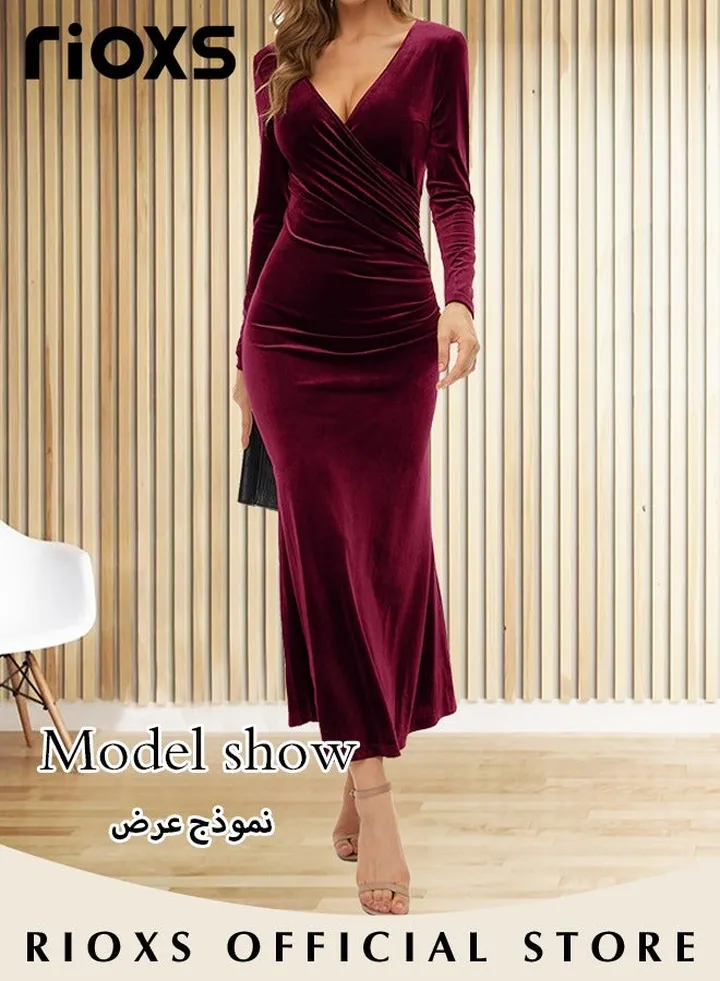 Women's Elegant V Neck Slim Fit Long Sleeve Dress Cocktail Mermaid Dress Party Wedding Maxi Dress For Special Occasions