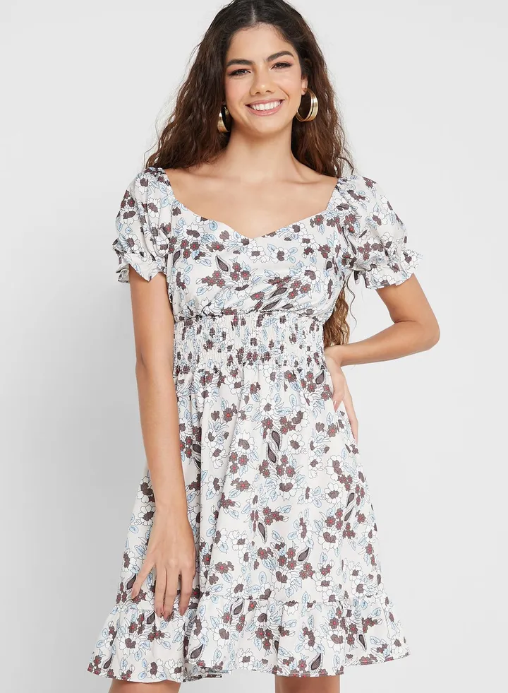 Puff Sleeve Printed Dress