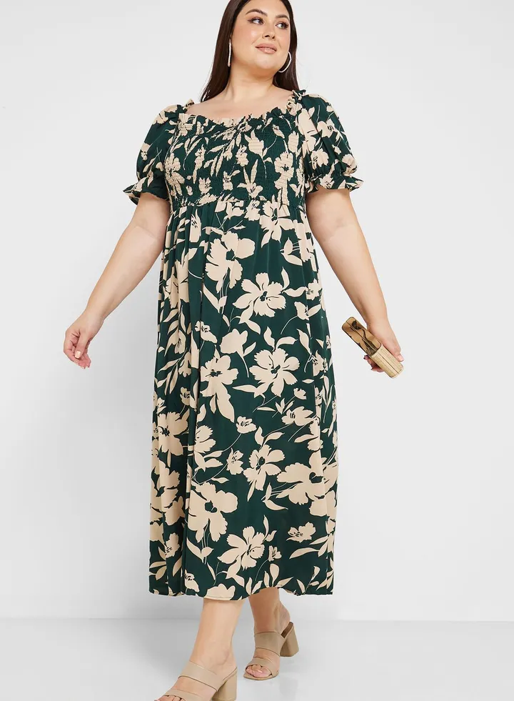 Printed Puff Sleeve Fit & Flare Dress
