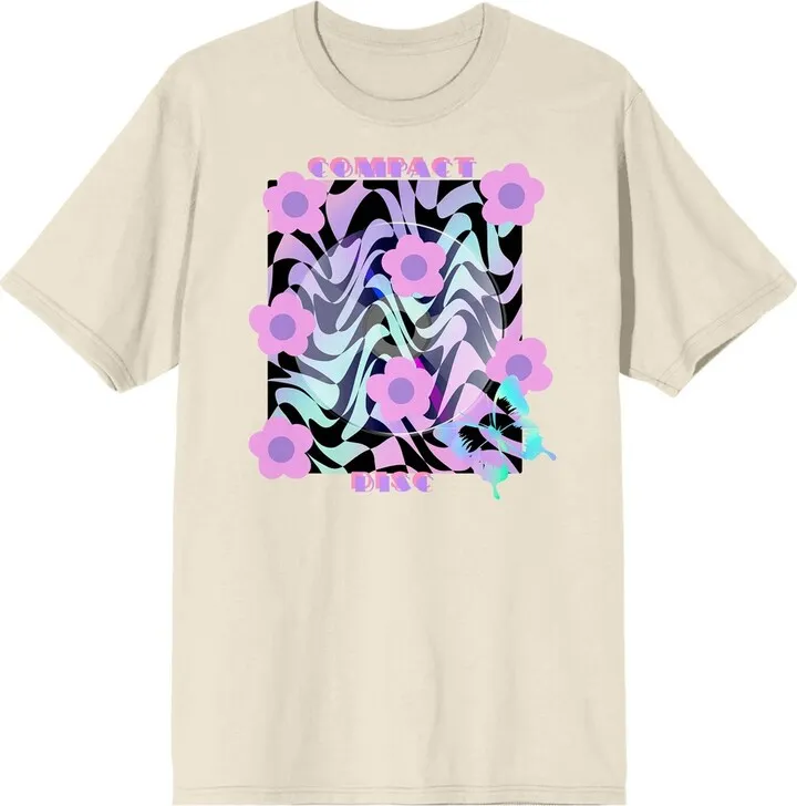 Chrome Baddie Y2K Groovy Wavy Pattern With Flowers Women’s Natural Crew Neck Short Sleeve Tee-3XL