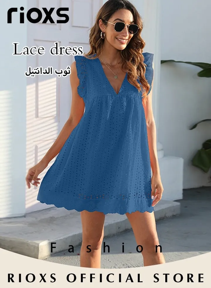 Women's Summer Casual V-Neck Dress Lace Sleeveless Dress Ruffle Dress