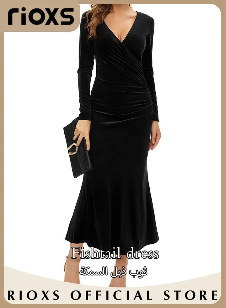 Women's Elegant V Neck Slim Fit Long Sleeve Dress Cocktail Mermaid Dress Party Wedding Maxi Dress For Special Occasions