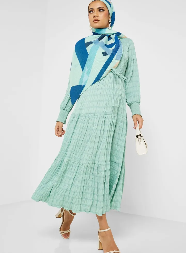 Self Textured Belted Dress