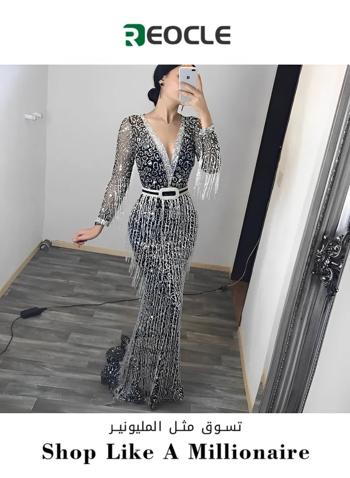 New Style Dress Long Dress Women's Long Sleeve Bronzing Tassel Dress Elegant Noble Slim