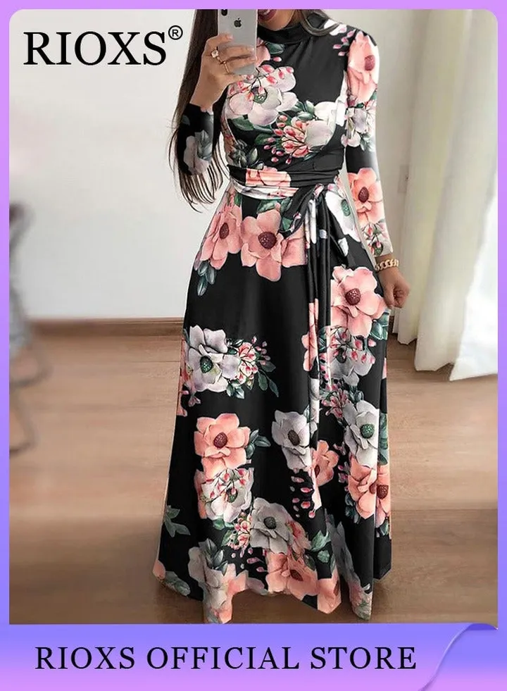 Women's Floral Long Sleeve Maxi Dress Prayer Dress Abaya Belted Flowy Long Dress