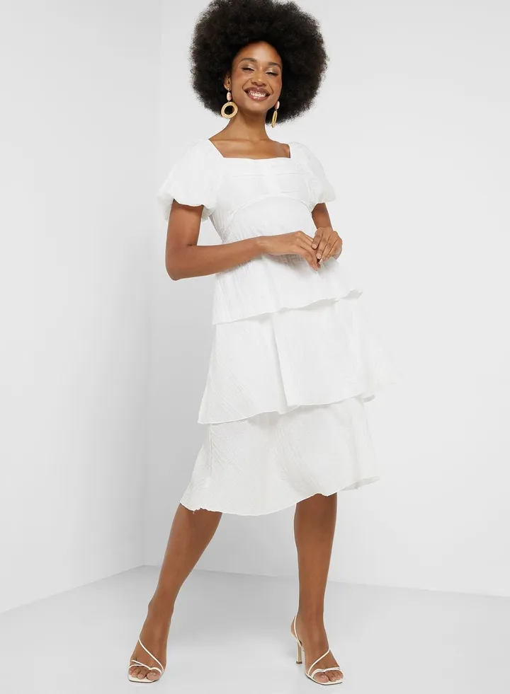 Puff Sleeve Tiered Detail Dress