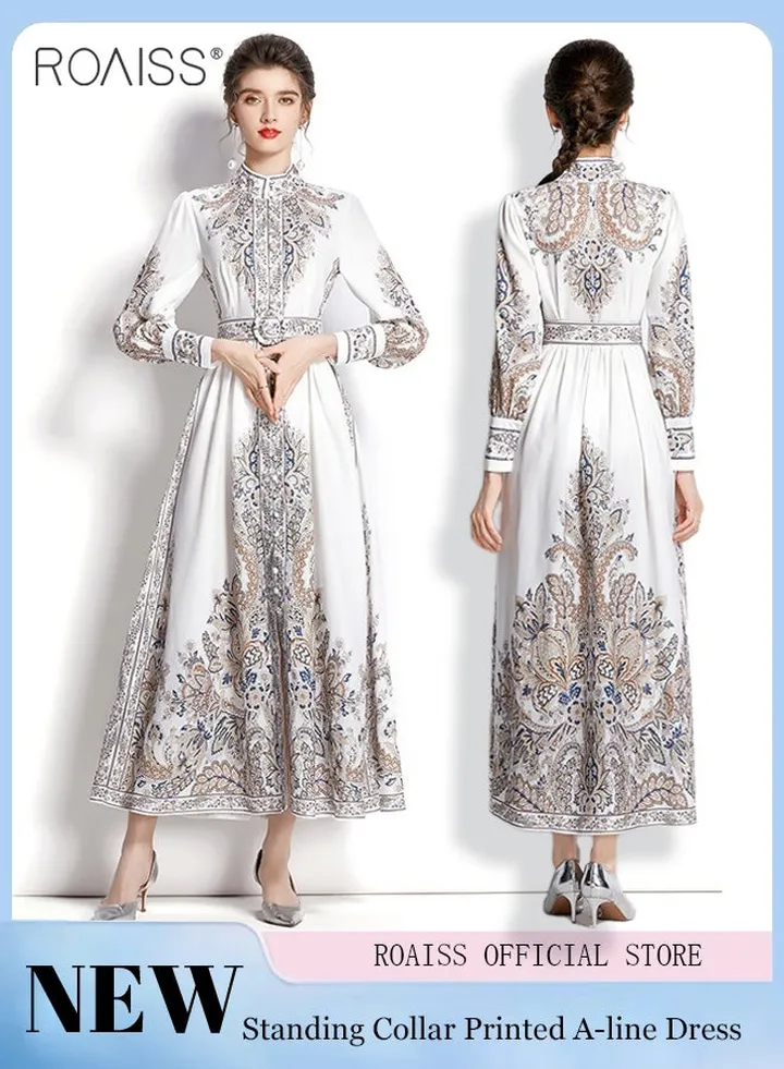 Textured Printed A-Line Dress for Women Fashionable Standing Neck Long Sleeve Dress for Outing Party or Daily Wear Ladies Elegant Banquet Dress with Tightened Waist Belt and Button Closure Design