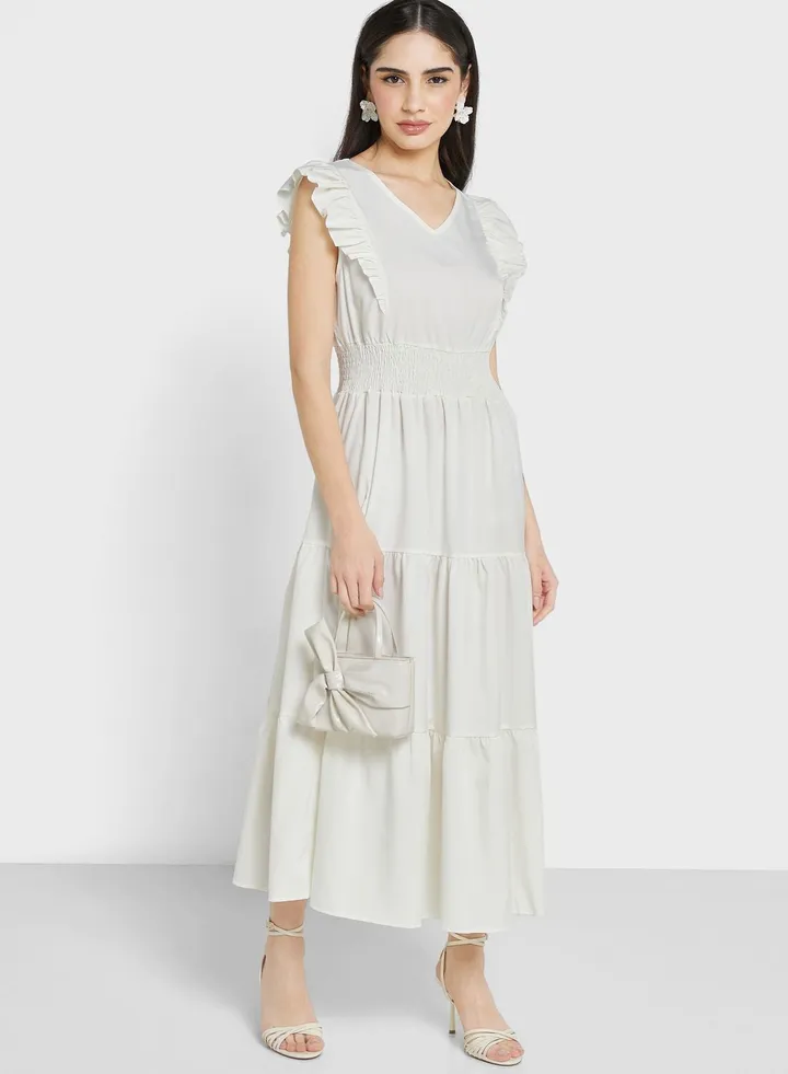 Ruched Ruffle Sleeve Dress